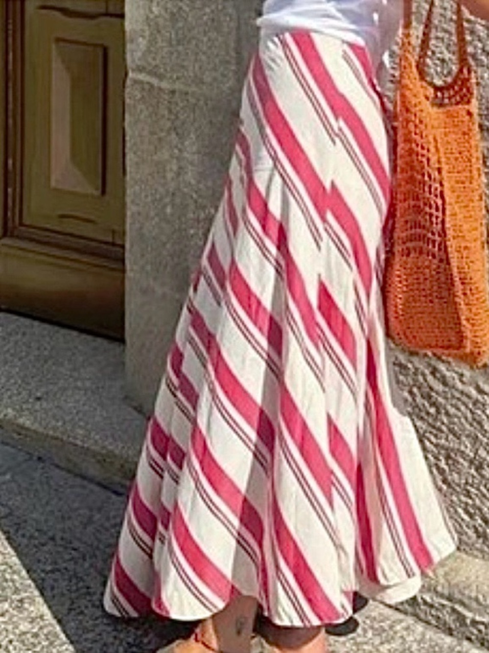 ZARA Cream Red Brown Diagonal Stripe A-Line Asymmetric Skirt! 🌺 - Picture 6 of 16